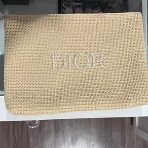 Dior Straw Pouch Cosmetic Bag Beige Woven Clutch Embroidered Logo